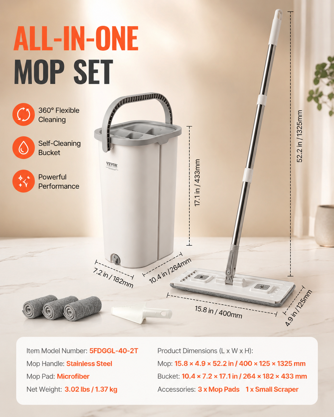VEVOR FreshPress Mop & Bucket System + 3 Microfiber Washable Pads