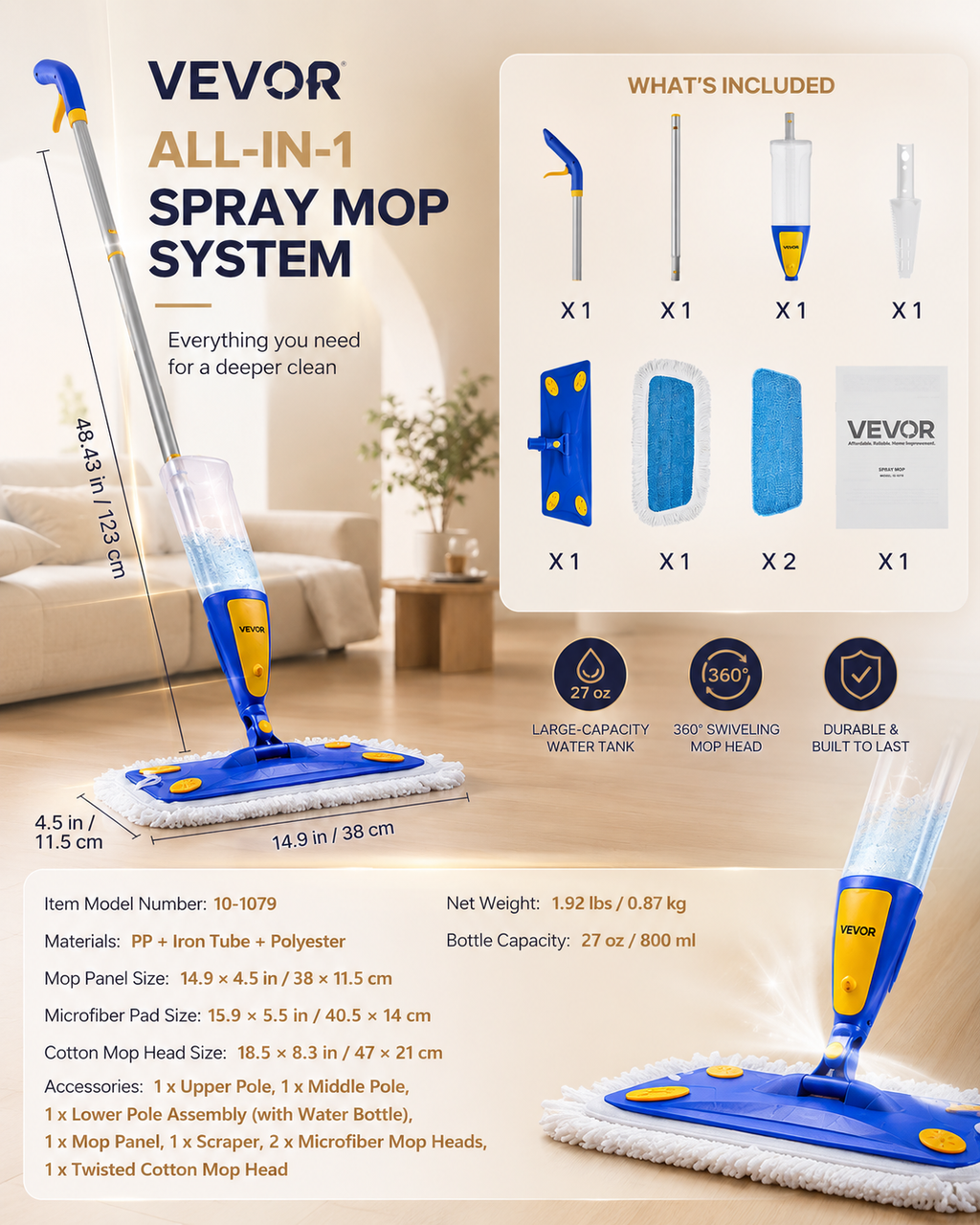 VEVOR MistFlow Spray Mop + 3 Washable Pads