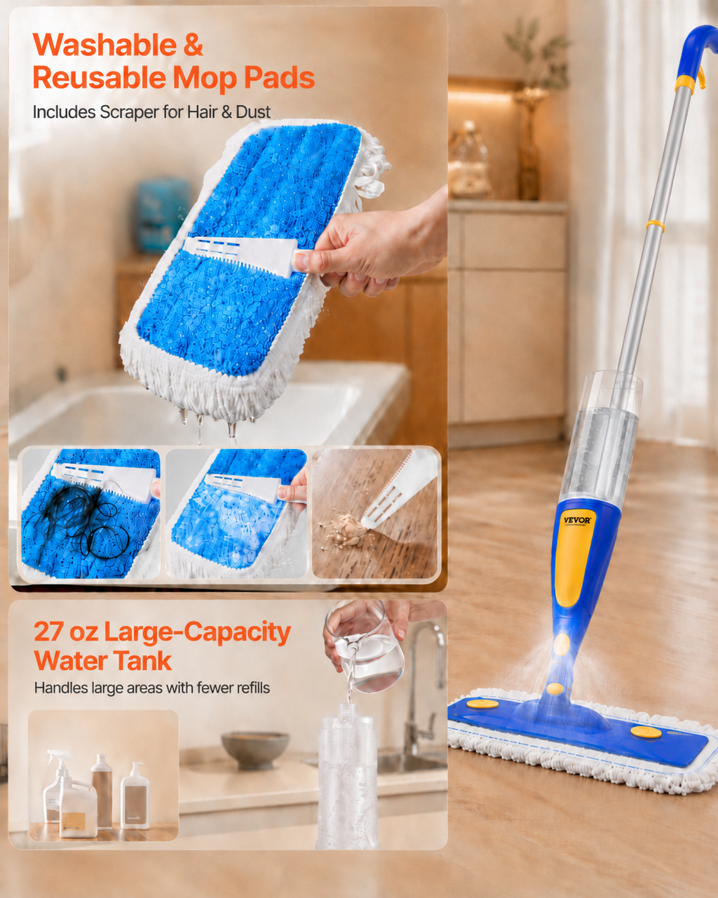 VEVOR MistFlow Spray Mop + 3 Washable Pads