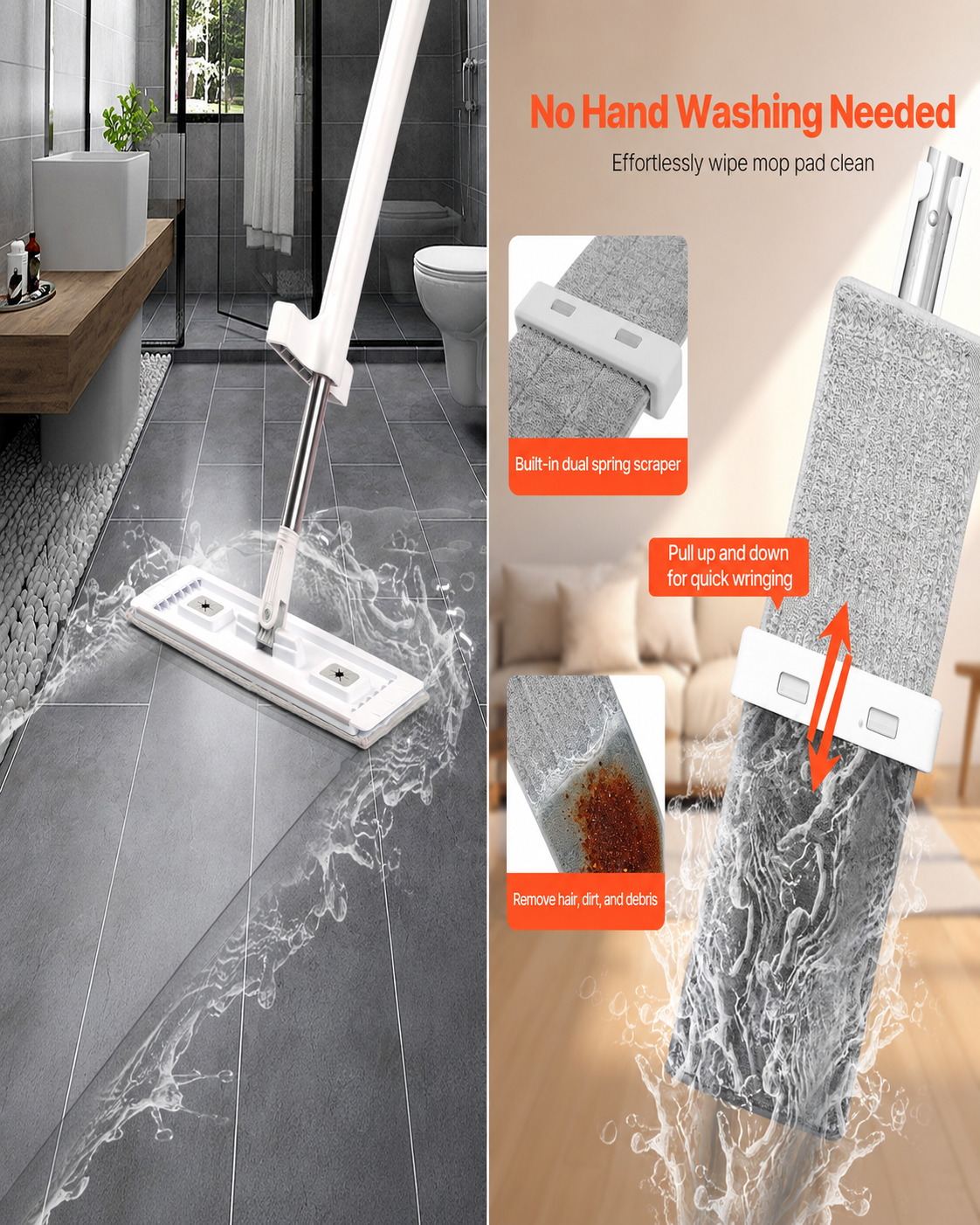 VEVOR GlidePress Self-Wringing Microfiber Mop + 4 Washable Pads