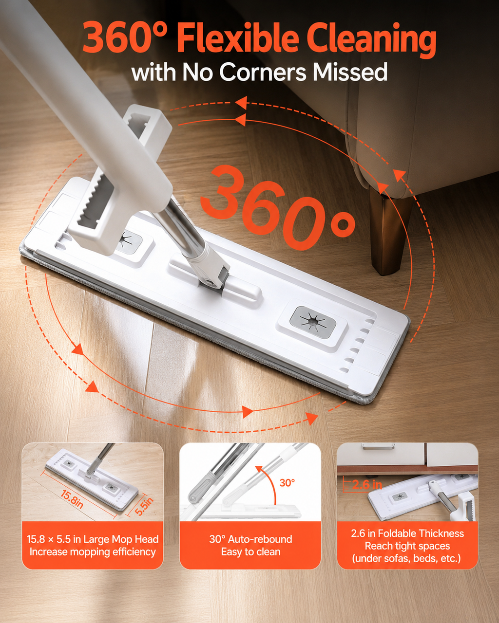 VEVOR GlidePress Self-Wringing Microfiber Mop + 4 Washable Pads